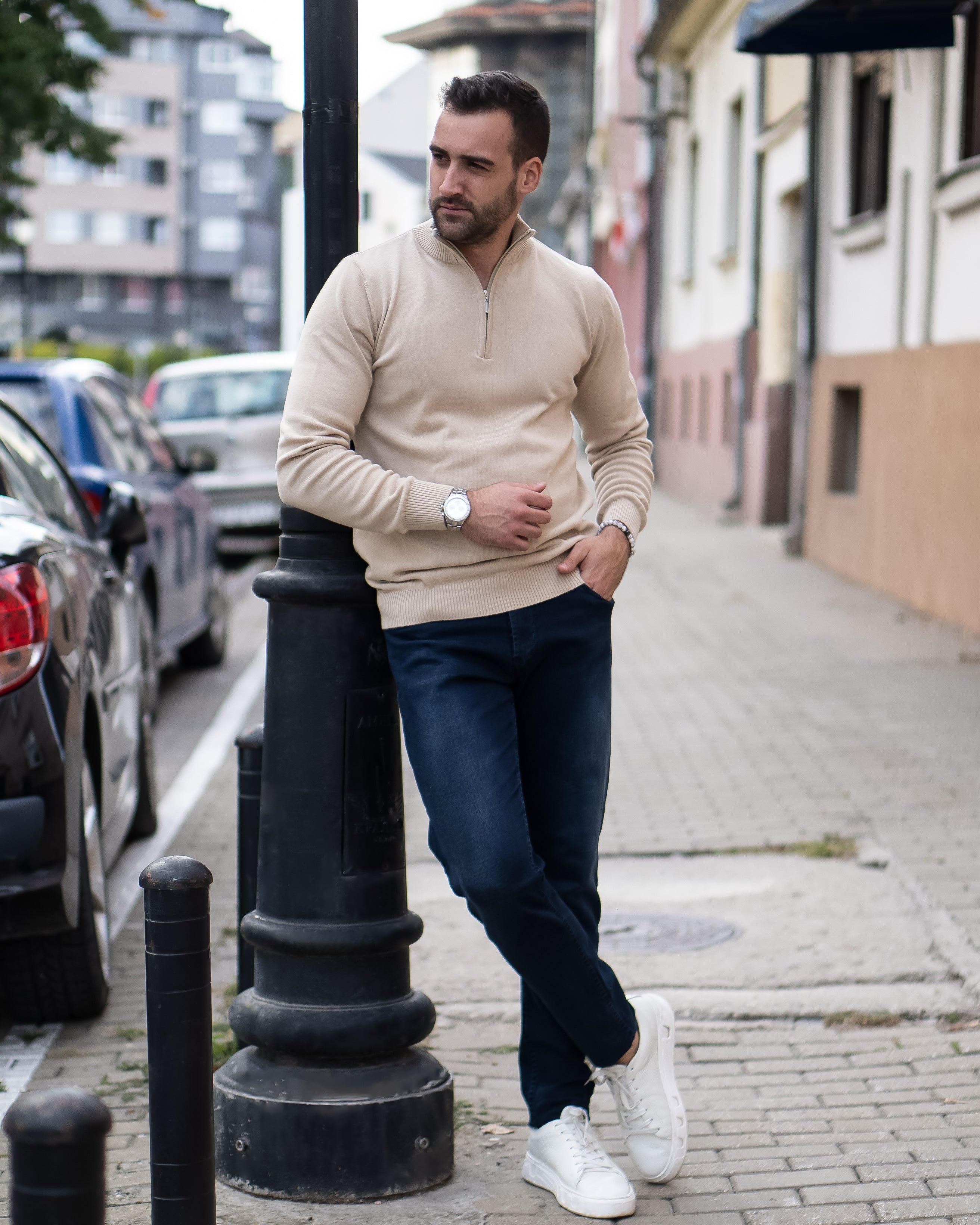 Half zip džemper - Bleach Sand